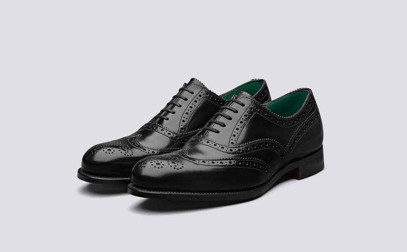 Grenson Harrow Mens Brogue Shoes - Black Calf with Jade Handpainted Leather Sole FO3972